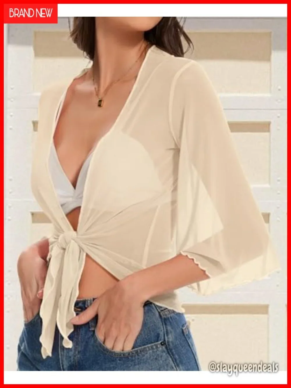 Women's Sheer Mesh Bolero Shrug Tie Front 3/4 Sleeve Cardigan Jacket